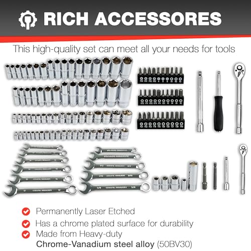 EACELIY 122Pcs 1/4" & 3/8” Drive Impact Socket Set, Ratchet Socket Wrench Set with Extention Bar, Adapter, Screw Bits,Drive Bit Holder, Spark Plug Socket,CR-V - size: 122PCS 1/4&3/8inch