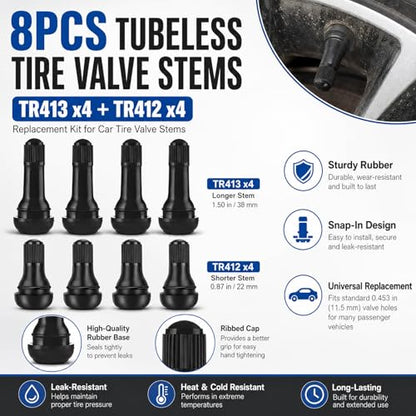 4PCS TR412 + 4PCS TR413 Tubeless Tire Valve Stems, Rubber Snap-in
