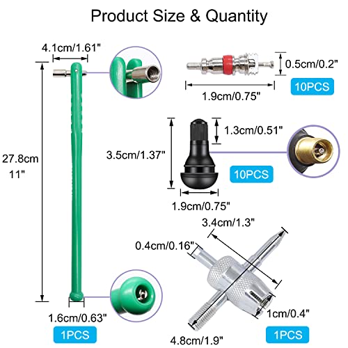 Tire Valve Stem Puller Installer Tool Kit - 10PCS Valve Cores, 10PCS TR412 Tire Valve Stem, 4-Way Valve Tool, Single and Dual Heads Valve Core Remover Tire Repair Tool - size: 24PCS