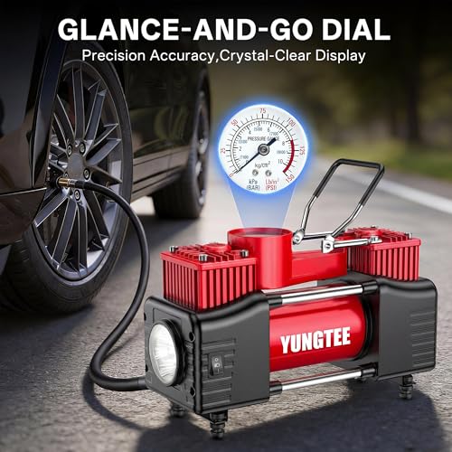 YUNGTEE Portable Tire Inflator, 12V 150 PSI Dual-Cylinder Air Compressor - color: Red
