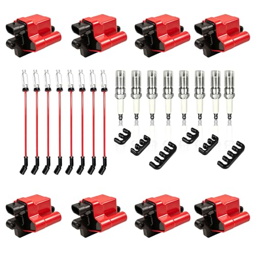 8 Pack UF271 Square Ignition Coil Set with Iridium Spark Plugs and 8mm Wires for Chevy Silverado GMC Sierra Tahoe Yukon 1500 2500 3500 4.8L 5.3L 6.0L LS Tune Up Kit 12558693 12556893 3859078 Red - color: Red, size: UF271 + 748UU + 41-962