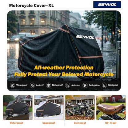 BENVOL 420D Heavy Duty Motorcycle Cover Waterproof Outdoor, 5000mm Rainproof Material Motorbike Cover with 2 Windproof Buckles, Lock Holes & Wide Reflective Strips, Anti-UV Sun Dust Protection - color: Black-XL(86.6*31.5*51)
