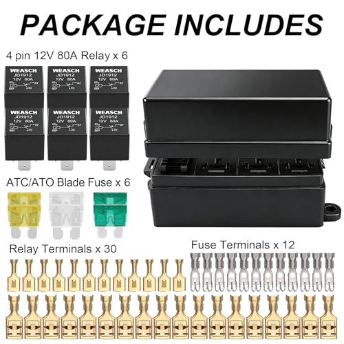 12V 6 Way Fuse Relay Weasch Box, 6x4-Pin 80Amp Relays and 6 ATC/ATO Blade Fuses, for Cars Truck Jeep - size: 80A 6 Relay 6 Fuses, style: Box