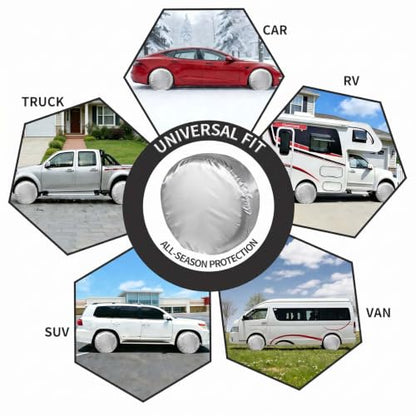 4-Pack RV Tire Covers, Waterproof & UV Resistant Wheel Covers with Windproof Hooks for Trailer, Camper, Truck, SUV & More - Fits Tire‘s Total Diameter 30’’- 32’’/80cm - (Silver-L) - size: L-Total Tire Diameter: 30"-32", style: Silver