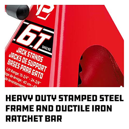 Powerbuilt 6 Ton Ratchet Jack Stands, Wide Stance Stability, Vehicle Car Lifting Range 15-1/2 Inches to 23-1/2 Inches - Red 647511 - size: 6 Ton