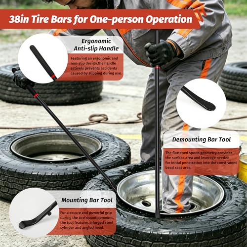 39 Inch Tire Mount and Demount Iron, 40Cr Forged Steel Tire Changing Bar with Anti-Vibration Handle for Tubeless Tires, Truck, Auto, Off-Road, Tractor - Manual Tire Changer Tool 2PCS