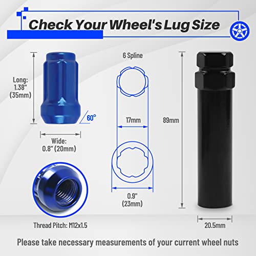 MIKKUPPA M12x1.5 Lug Nuts, Blue 20PCS Closed End Spline Lug Nuts 17mm Hex - color: Blue
