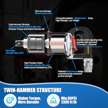 1 Inch Air Impact Wrench, Up to 3000ft-lbs Torque, 5000RPM 1'' Impact Gun - size: 1 Inch | 3000 ft-lbs w/6" Extended Anvil