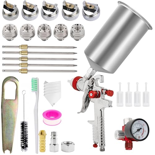 HVLP Spray Paint Gun Kits, Gravity Feed Automotive Paint Gun Kit with 5 Nozzles (1.4, 1.7, 2.0, 2.5, 3.0mm) and 1000cc Aluminum Cup. Suitable for Painting Cars - color: Silver Red