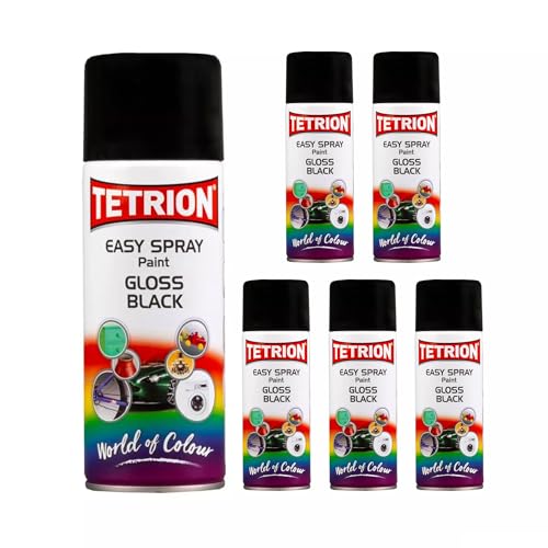 Tetrion Easy Spray Paint – Gloss Black 400ml (Pack of 6) - All-Purpose Fast Drying Acrylic Spray for Wood, Metal, Plastic, Ceramic & More, Smooth Base Coat - Indoor & Outdoor Use, 13.5 Oz - color: Black (Gloss), size: 13.53 Ounce (Pack of 6)