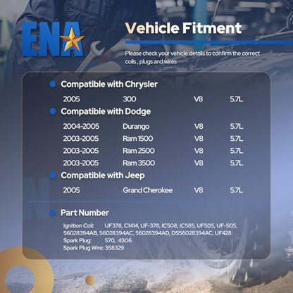 ENA Set of 8 Blue Ignition Coil Pack with 16 Spark Plug and Blue Wire Set Compatible with Chrysler Dodge Jeep Ram 1500 2500 3500 Magnum Grand Cherokee 300 5.7L V8 2003 2004 2005 Replacement for UF378