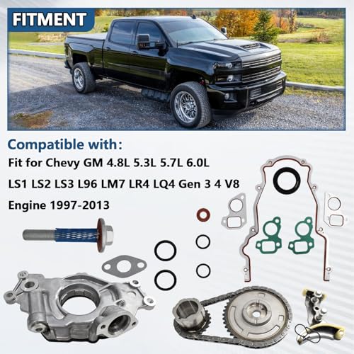 High Volume LS Oil Pump 5.3 Timing Chain Timing Cover Gasket Kit Fit for 2007-2013 Chevy Silverado 1500 Tahoe GMC Sierra Yukon Buick Cadillac 4.8 5.3 6.0 6.2L No VVT