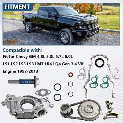 High Volume LS Oil Pump 5.3 Timing Chain Timing Cover Gasket Kit Fit for 2007-2013 Chevy Silverado 1500 Tahoe GMC Sierra Yukon Buick Cadillac 4.8 5.3 6.0 6.2L No VVT