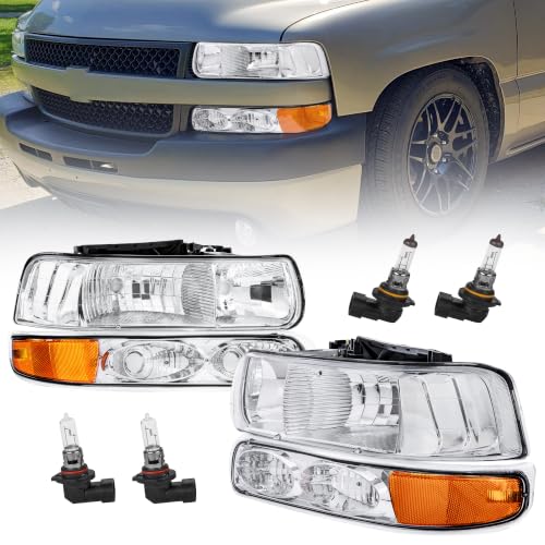 KUIPERAUTO Front Headlight Assembly for 1999 2000 2001 2002 Chevy Silverado 1500 2500 3500 2000-2006 Chevrolet Suburban 1500 2500 2001-2006 Tahoe Chrome Housing/Clear Lens/Amber Corner w/Bulb 1 Pair - color: Chrome-Clear-Amber