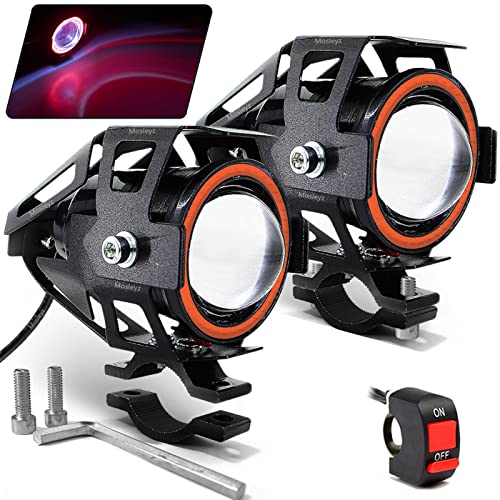 Motorcycle LED Fog Lights U7 Spotlight Daytime Running Lights with Red Angel Eyes Halo Ring and ON/Off Toggle Switch 2-Sets - color: red