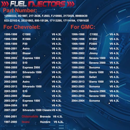 FJ503 Spider Fuel Injectors with Braket 6 Cylinder V6 4.3L for Chevy GMC Isuzu Astro Blazer Express 1500 Silverado Jimmy Safari Savana Sierra Sonoma 1996-201417113673 FJ10565 - size: 6 Cylinder V6 4.3L
