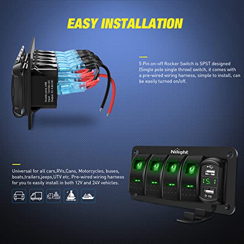 Nilight 4 Gang Rocker Switch Panel with Dual USB Socket Voltmeter - color: Green, size: 5 Gang Dual USB