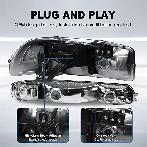 MOSTPLUS Headlight Assembly Compatible with 1999-2006 GMC Sierra 1500 2500/00-06 GMC Yukon Front Lamp with Chrome Housing/Smoke Tinted Lens/Clear Reflector - color: Chrome/Black/Clear