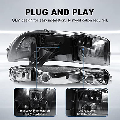 MOSTPLUS Headlight Assembly Compatible with 1999-2006 GMC Sierra 1500 2500/00-06 GMC Yukon Front Lamp with Chrome Housing/Smoke Tinted Lens/Clear Reflector - color: Chrome/Black/Clear