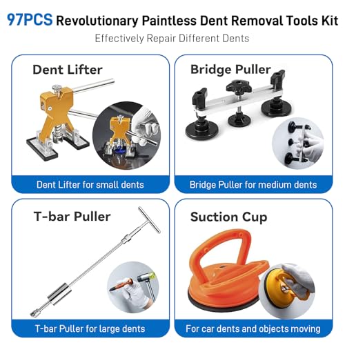97pcs Dent Puller Kit, Car Dent Puller for Dent Removal, Paintless Dent Removal Kit with Golden Lifter, Bridge Puller, Slide Hammer T-Bar, Dent Remover Tool for Car Refrigerator Door Ding Repair