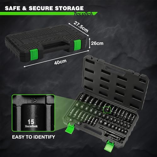 TecoTek 3/8" Drive Impact Socket Set, 49-Piece SAE (5/16"-3/4") and Metric (8mm-22mm), 6 Point, Cr-V, Extension Bars, 1/2" F to 3/8" M Reducer, Universal Joint and Power Drill Adapter - style: 3/8" Drive 49pcs Impact Socket Set