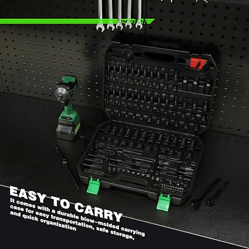 TecoTek 1/4" & 3/8" Dr. Impact Socket Set, 189 Piece Socket Wrench Set Mechanic Tools, Metric and SAE Full Set, CR-V, Deep & Shallow Socket with Ratchet Handle, Spark Plug Socket, Bits for Mechanic - style: 189-Piece 1/4" & 3/8" Drive Socket Set