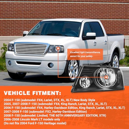 for 2004-2008 Ford F150 Headlights Assembly Black Pair - color: B-Black Housing Clear Reflector
