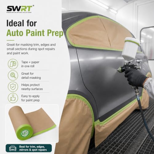 SWRT Pre-Taped Masking Paper for Painting, 12 in x 50 ft, 2-Roll - size: 2 Rolls: 12"