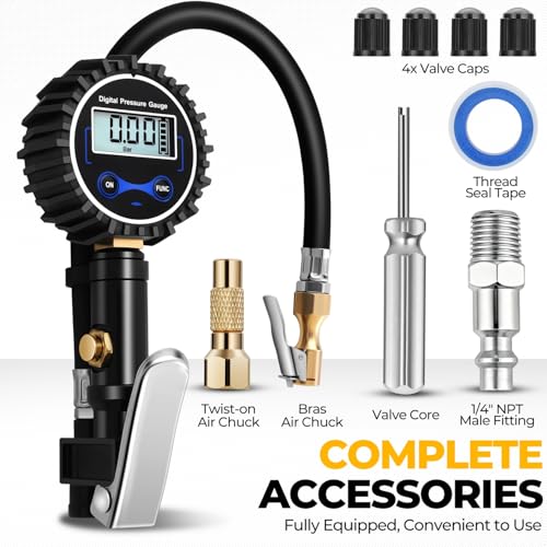 Auto Dynasty Digital Tire Inflator with Pressure Gauge, 200 PSI Air Chuck and Air Compressor Attachments, Heavy Duty Compressor Accessories with Rubber Hose and Quick Connect Coupler
