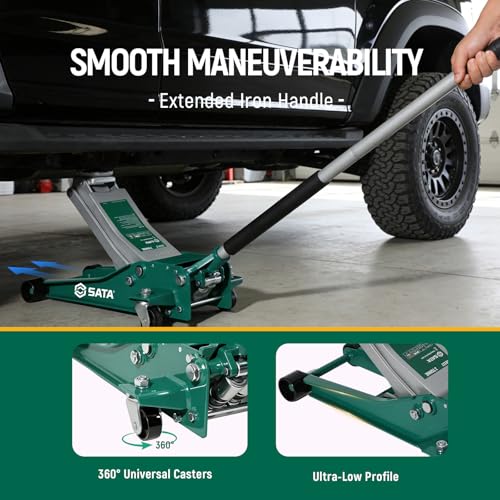 SATA 3-Ton (6,600 lb) Heavy-Duty Steel Floor Jack Ultra-Low Profile Design (2-11/16” Height) with Dual-Piston Quick Lift Pump, Tested for 1.5X Overload for Ultimate Safety