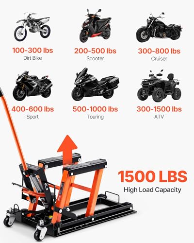 VEVOR Hydraulic Motorcycle Lift Jack 1500 LBS Capacity ATV Scissor Lift Jack Portable Motorcycle Lift Table with 4 Wheels Hydraulic Foot-Operated Hoist Stand for Motorcycle ATV UTV Powersports - color: Orange