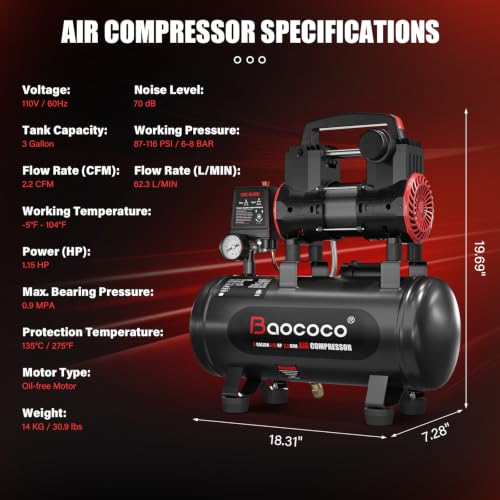 Portable Air Compressor with 3 Gallon Steel Tank 1.15 HP 2.2 CFM @ 90 PSI - size: 3Gallon