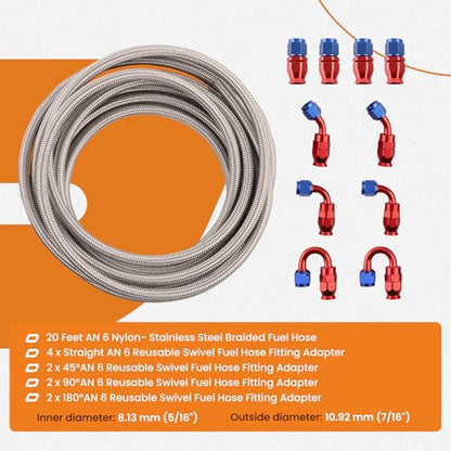 maXpeedingrods 6AN Fuel Line Kit E85, Stainless Steel PTFE Fuel Hoses + 10 PCS 6AN Hose End Adaptor Kit 20FT -Red - size: 6AN 20FT SV RD -11