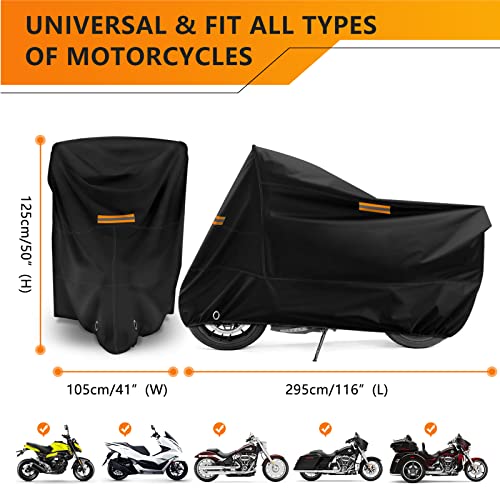 Motorcycle Cover Waterproof Outdoor Storage All Season Universal Weather Rain Snow Sun Winter Durable with Lockhole Night Reflective Black Oxford 116" Extra Large Heavy Duty Touring Protection - size: 116" Length