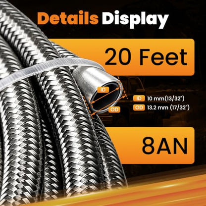 maXpeedingrods 8AN 20FT Fuel Line Kit, 1/2 Braided Fuel Line, Steel AN8 Fittings E85 PTFE Hose Transmission Oil Cooler Line, Coolant Fluid Hose + 10 Pcs 8AN Fittings - size: 8AN