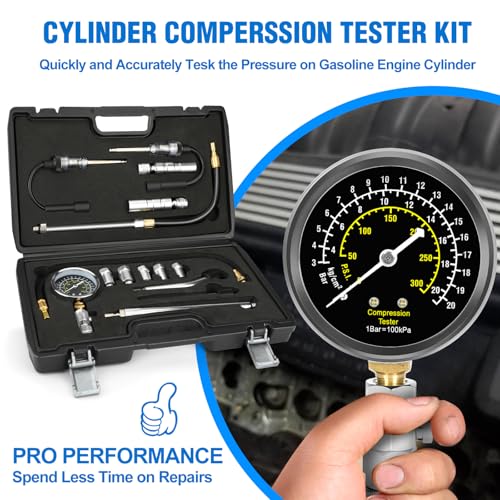 BETOOLL 15pcs Compression Tester with Spark Plug Tester & 14mm&16mm Magnetic Swivel Spark Plug Socket - 300PSI Engine Cylinder Compression Gauge Automotive Tool - size: Senior
