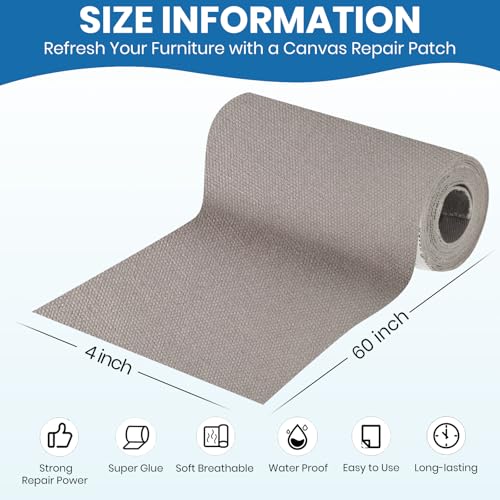 Canvas Patch 4 "x 60 ", Self-Adhesive Waterproof Canvas Patch Set for Repairing Tents, Couch, Boat Covers, Camping Chairs, Awnings, Car Seats.(Gray) - color: Gray, size: 4"×60"