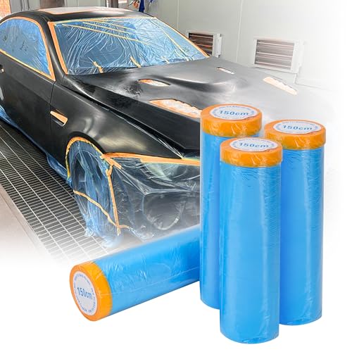 Pre-Taped Automotive Masking Film 4 Pack 59 in x 65 feet Rolls, Tape and Drape, Painters Plastic Drop Cloth for Automotive Painting Covering, House Decoration Furniture Floor Dustproof Cover - color: Blue, size: 59 in x 65 feet