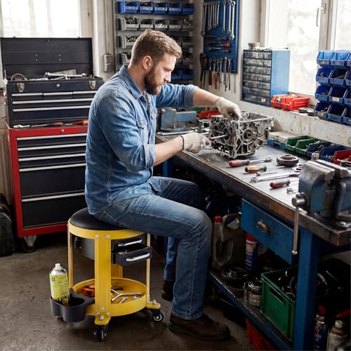 Goplus Rolling Mechanic Stool, Shop Stool Creeper Seat with Removable Padded Seat, 2 Drawers, Tool Tray, Twin Can Holder, Universal Wheels, Round Garage Workshop Chair, 330 Lbs Max Capacity (Yellow) - color: Yellow