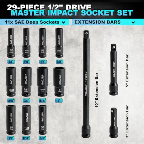 1/2" Impact Socket Set, 29PC Deep impact socket set, CR-MO SAE and Metric - size: 1/2inch 29PCS DEEP