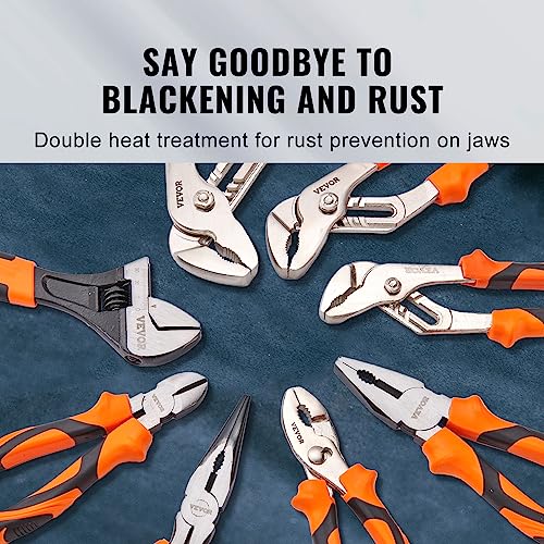 VEVOR 8-Piece Pliers Set with Tool Roll, High Carbon Steel-12"/10"/8" Groove Joint -8"Linesman's -6" Slip Joint Pliers-8" Long Nose Pliers-6" Diagonal Cutter-10" Adjustable Wrench