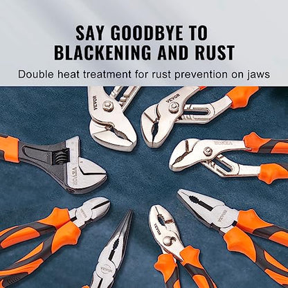 VEVOR 8-Piece Pliers Set with Tool Roll, High Carbon Steel-12"/10"/8" Groove Joint -8"Linesman's -6" Slip Joint Pliers-8" Long Nose Pliers-6" Diagonal Cutter-10" Adjustable Wrench