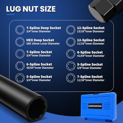 10PCS Spline Lug Nut Socket Set, Wheel Lock Removal Kit & Master Key for 5/6/7/12 Spline Locking Nuts with SAE 19mm Hex Deep Socket, Cr-Mo Steel - size: 10PCS Spline Lug Nut Socket Set