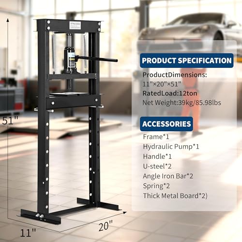 12 Ton h-Frame Hydraulic Shop Press, Heavy Duty Garage Floor Press