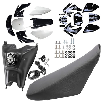CRF70 Plastic Kit CRF 70 Plastic Fender Kit Plastic Fairing Kit & Graphics Decals & Seat & Fuel Tank Motorcycle Fairing Body Work Kit for CRF70F SSR Thumpstar 140cc Pit Dirt Bike (B/W) - color: B/W