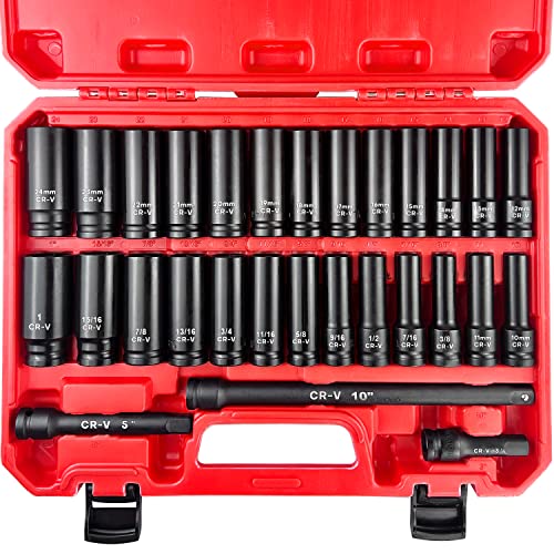 EACELIY 29pcs 1/2" Socket Set, Drive Deep Impact Socket Set, Including 3 ", 5", 10" Impact Extension Bar, Standard SAE (3/8 "- 1") and Metric (10mm-24mm), Cr-V Steel - size: 1/2" Deep Sockets (10-24mm, 3/8 "- 1")