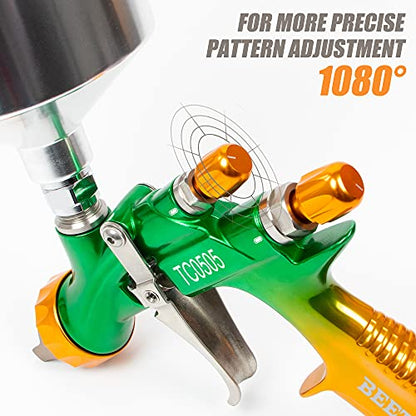 BEETRO HVLP Professional Gravity Feed Air Spray Gun, 280-320mm Wide Spray Pattern 1.3/1.4mm Nozzle with Air Control Valve, 1000ml Capacity 14CFM 29-32psi, 1/4 Adaptor and Filter