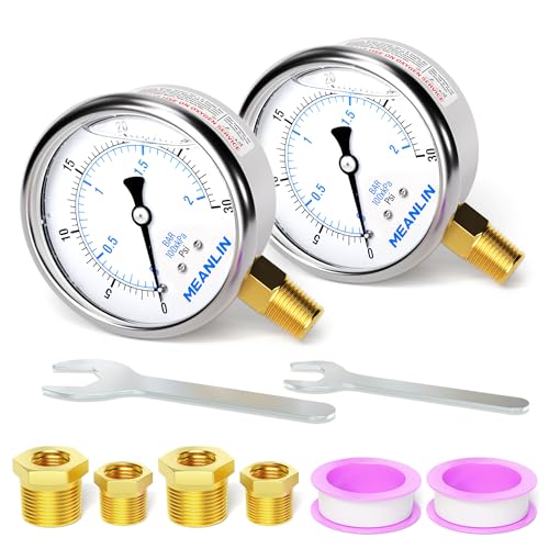 MEANLIN MEASURE 0~30Psi Stainless Steel 1/4" NPT 2.5" FACE DIAL,Liquid Filled Pressure Gauge,WOG Water Oil Air Lower Mount (Pack of 2), with 1/2" NPT and 3/8" NPT Hex Bushing - size: 0-30Psi (2Pcs)