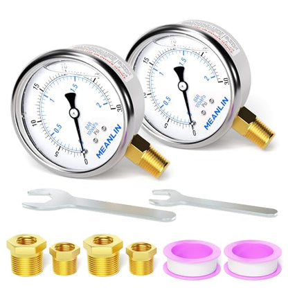 MEANLIN MEASURE 0~30Psi Stainless Steel 1/4" NPT 2.5" FACE DIAL,Liquid Filled Pressure Gauge,WOG Water Oil Air Lower Mount (Pack of 2), with 1/2" NPT and 3/8" NPT Hex Bushing - size: 0-30Psi (2Pcs)