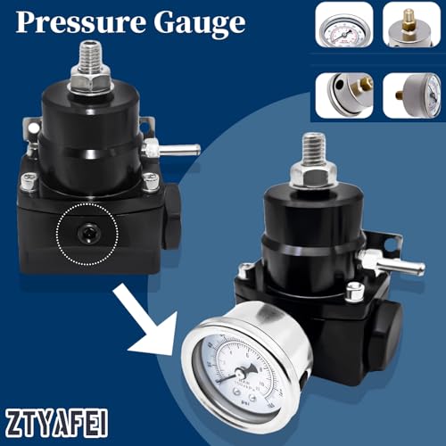 Universal Adjustable EFI Fuel Pressure Regulator Kit (20-120 PSI) - Equipped with Pressure Gauge and 10 FT 6AN CPE Fuel Line Hose and Adapter Fitting, in Black Anodized Aluminum Material